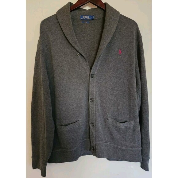 Polo Ralph Lauren Cardigan Sweater Men's Large Gray Knit Collared Button Up - Picture 3 of 13